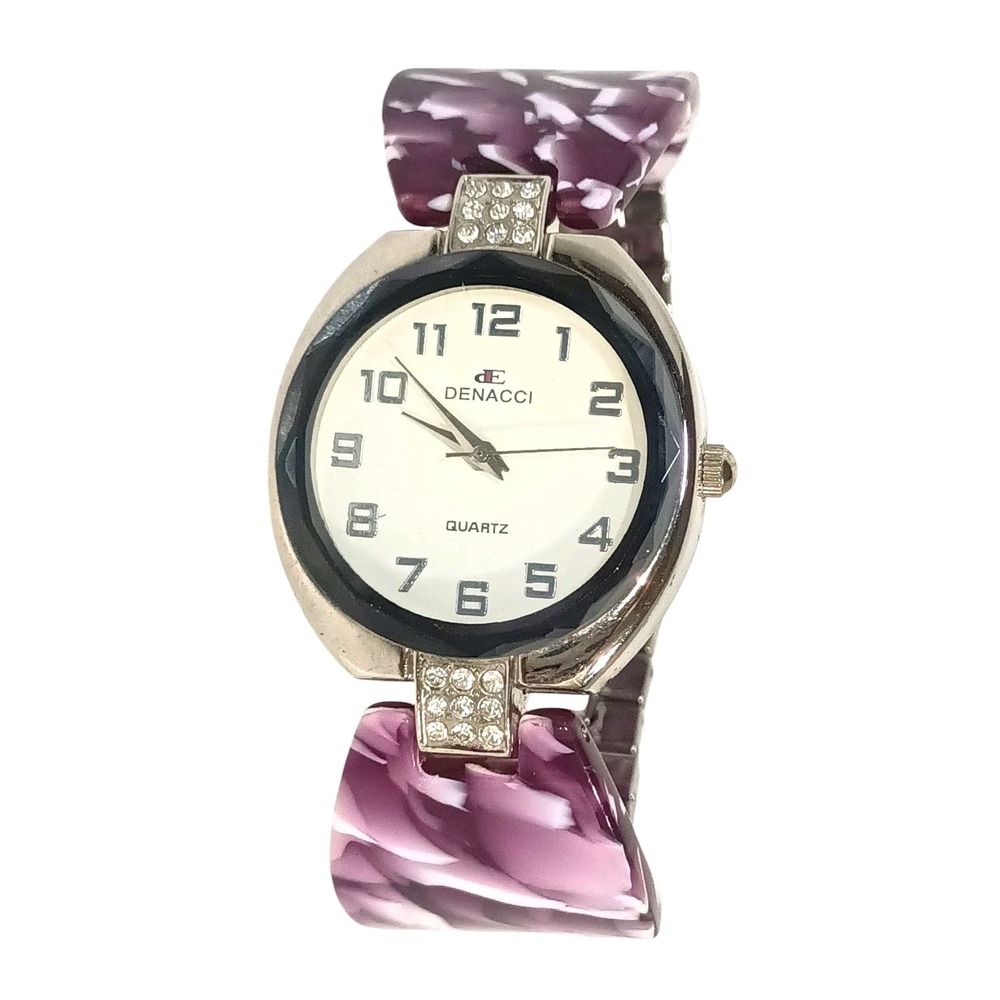 Vintage Denacci Ladies Quartz Bracelet Watch Purple & White Design w/Silver Band